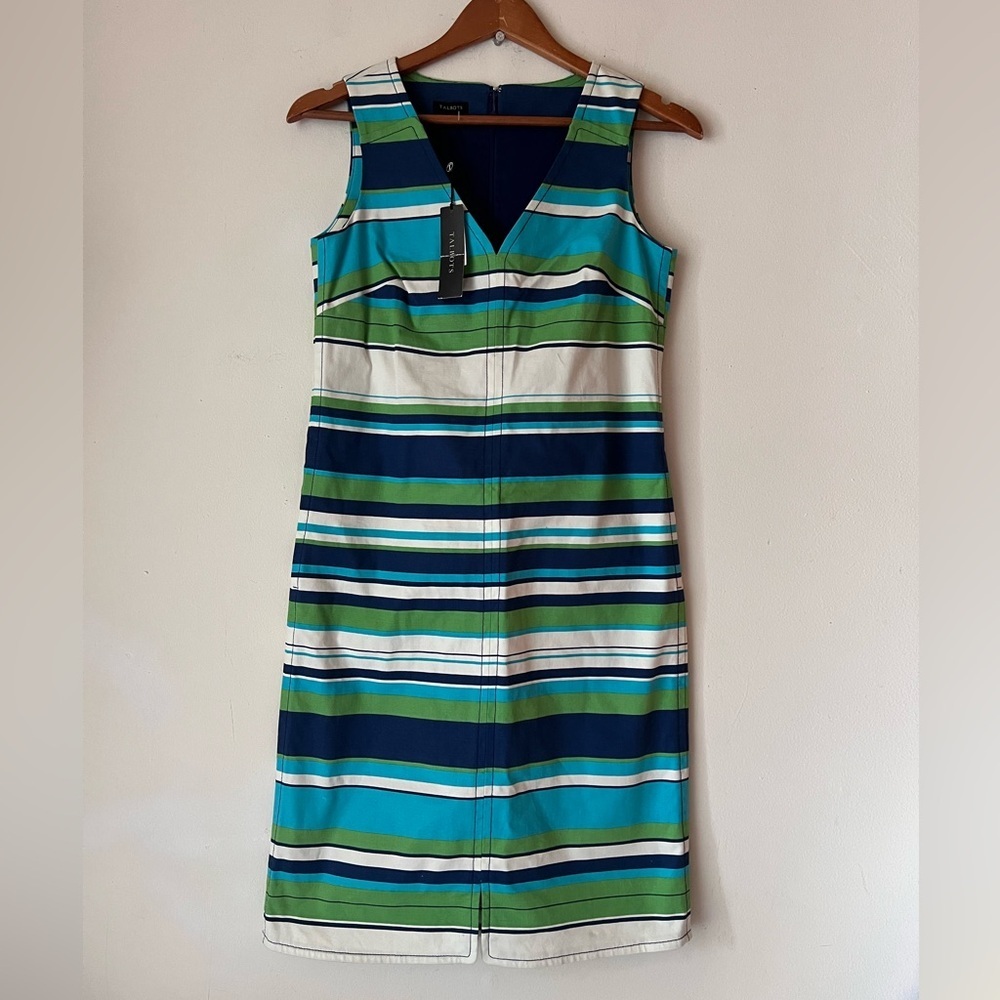 NWT Talbots Women's Sleeveless Blue & Green Stripe Color Block Dress Sz 2